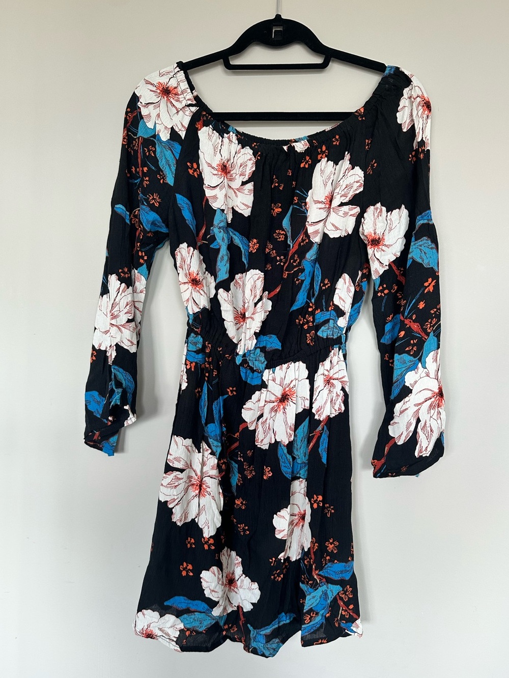Floral Off-Shoulder Women’s Dress - Black with White & Blue Floral